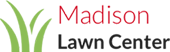 A black background with red letters that say madision lawn care.
